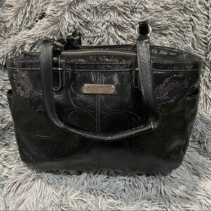 Black Glossy Embossed Logo Coach Shoulder Bag